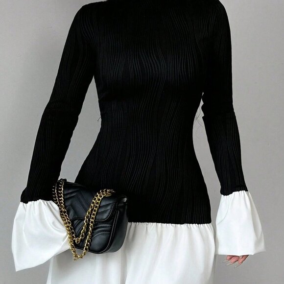 Black And White Elegant Women's Romantic Round Neck Contrast Color Dress - Picture 5 of 5